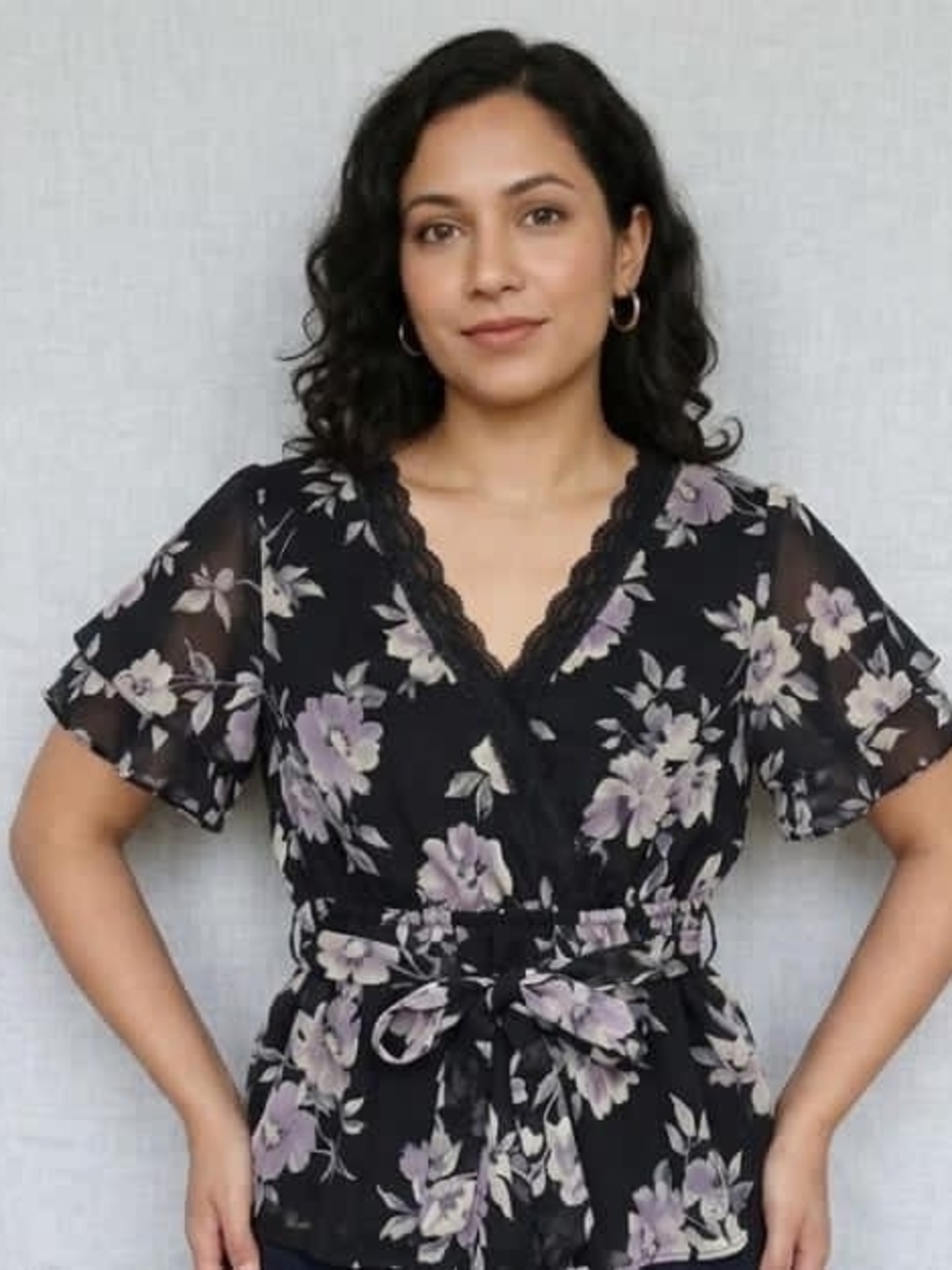 ELLE Black Floral Sheer Wrap Blouse - Short Sleeve Size S